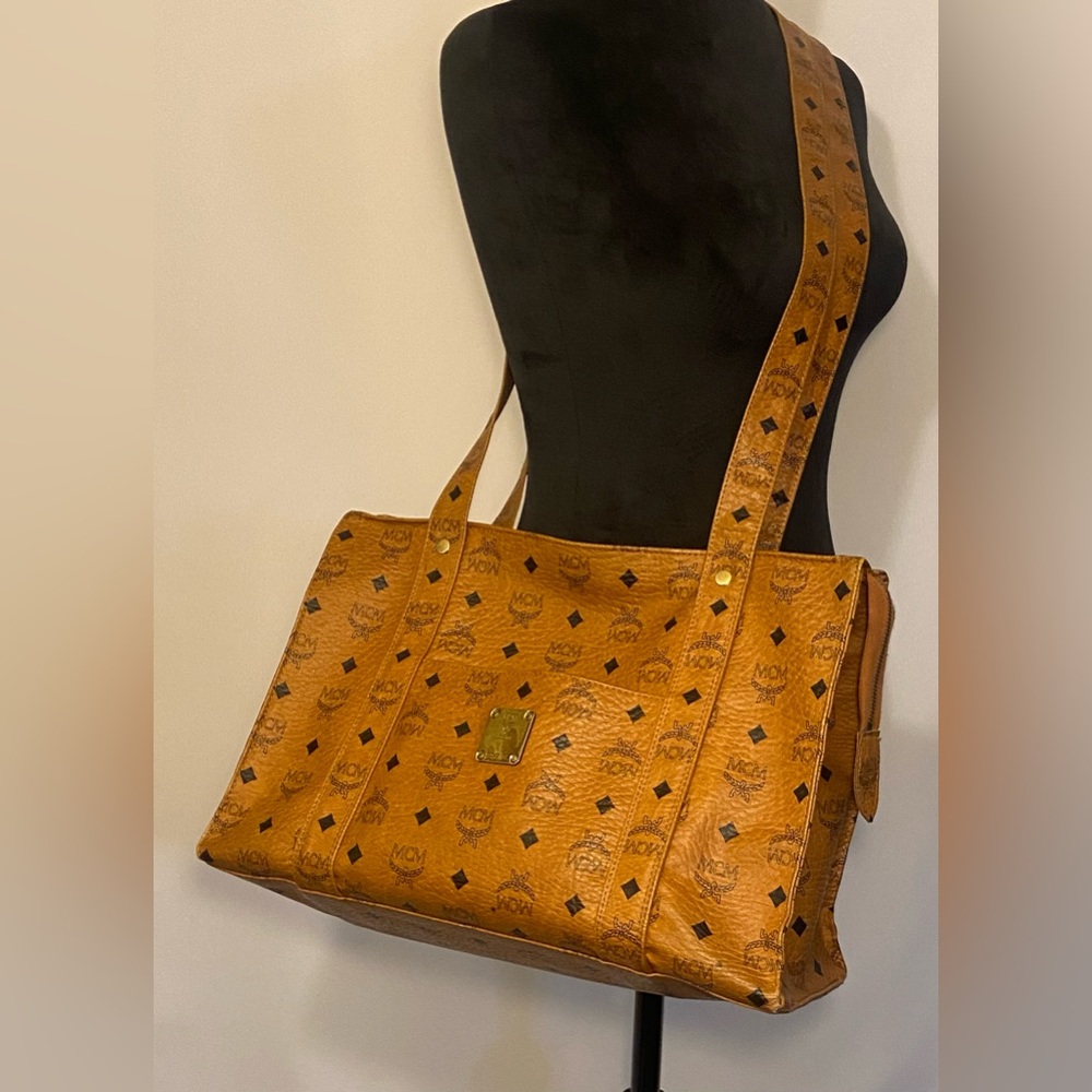 MCM Vintage Leather Iconic Cognac & Black Visetos Motif Shoulder Crossbody Bag